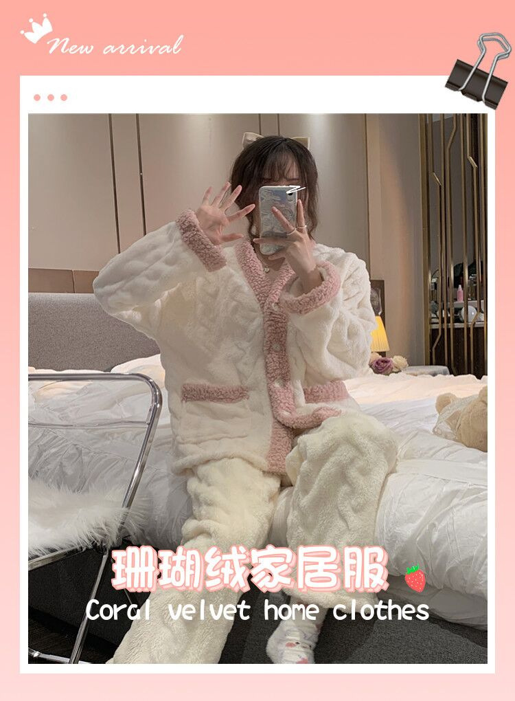 秋冬季女士法兰绒睡衣女冬款长袖加厚加绒可爱女生家居服套装详情14