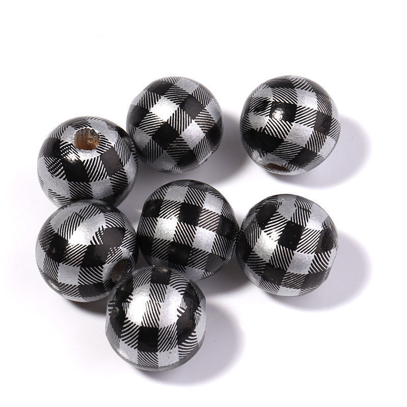 千鸟格木珠DIY挂饰装饰串珠彩色格子木珠配件条纹印花带孔木珠详情17