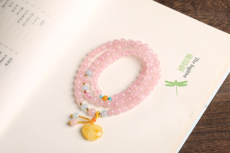 Natural Madagascar jelly rose crystal bracelet, soft pink color, wrapped three times, hanging beeswax peace lock bracelet, sent by proxy pic 5