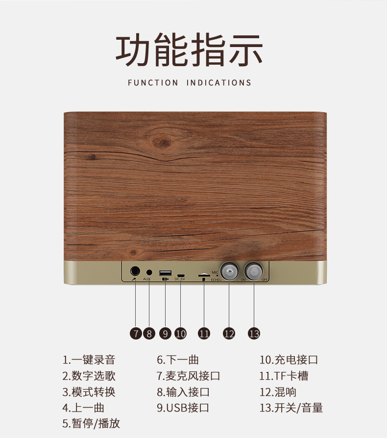 W1 Home high-power Bluetooth speaker, wooden high-volume heavy subwoofer, USB flash drive speaker, HiFi retro radio pic 13