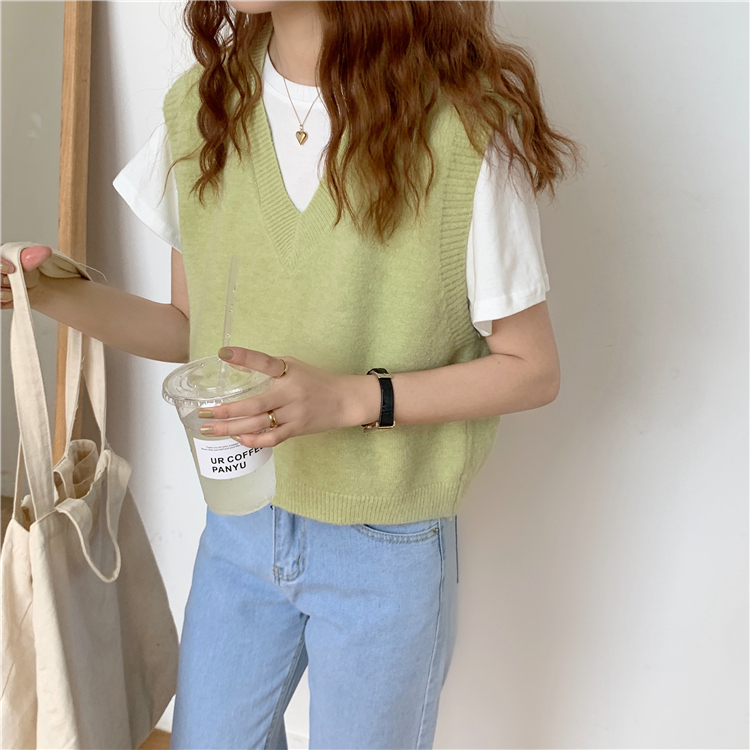 新款春秋女装洋气宽松显瘦V领毛衣外穿鹅黄色针织马甲背心详情9