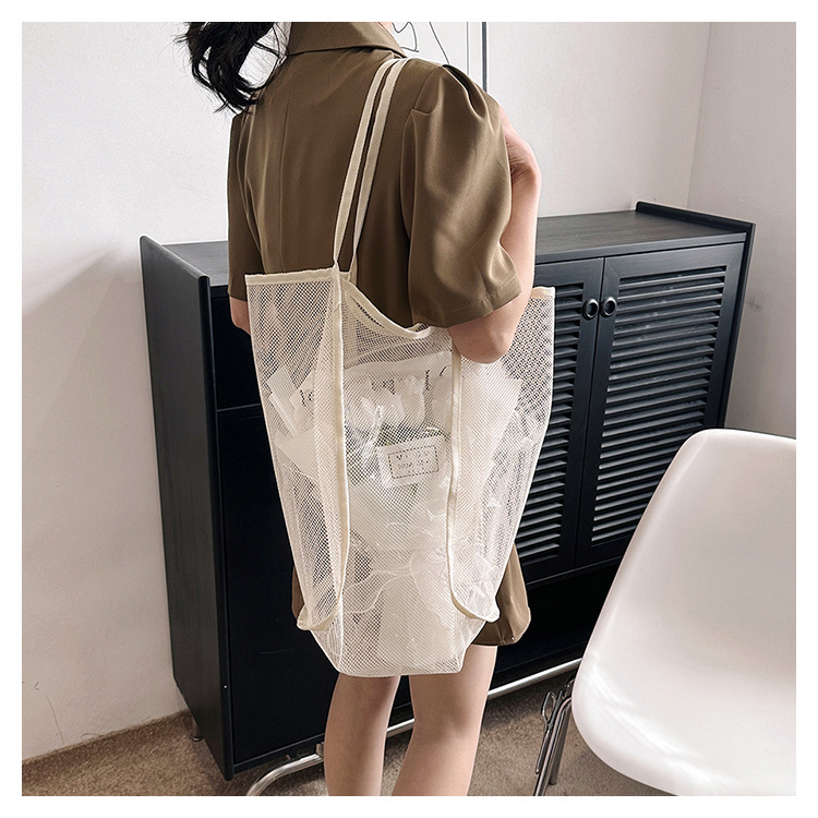 2024夏季新款购物袋纱网透明时尚单肩网纱沙滩包大容量网眼托特包详情52