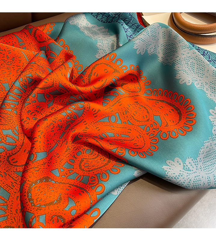 A classic blue and orange large flower 110 faux silk scarf with a large square scarf and a shawl on the outside. A girl gives it to her mother pic 36