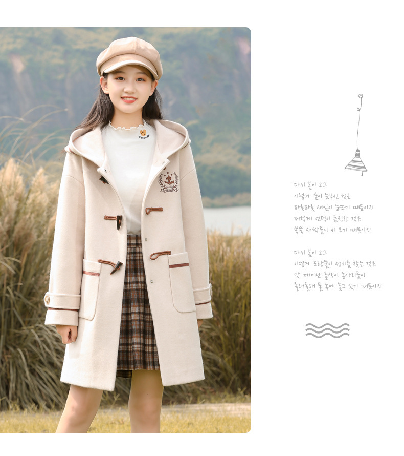 21516 College-style woolen coat 2021 Autumn/Winter new style for junior high school students, winter wear for girls with horn buttons and woolen fabric pic 11
