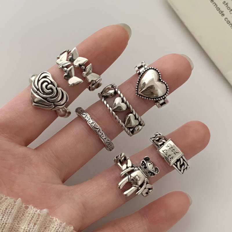 欧美复古嘻哈做旧戒指套装小众个性冷淡风食指戒开口指环2024新款详情1