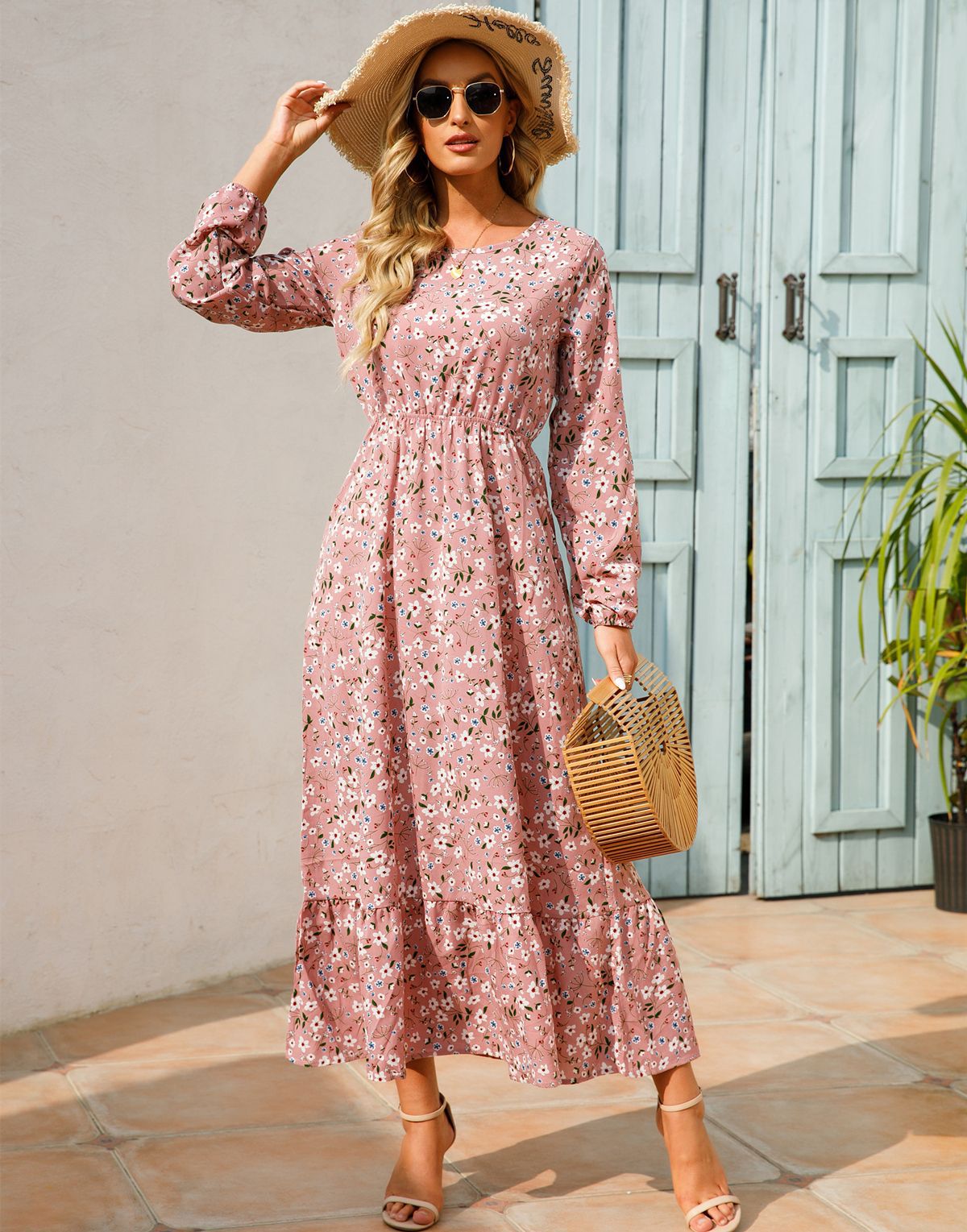 European and American floral long, round-neck, long-sleeved, waist-cinching and slimming dress pic 6