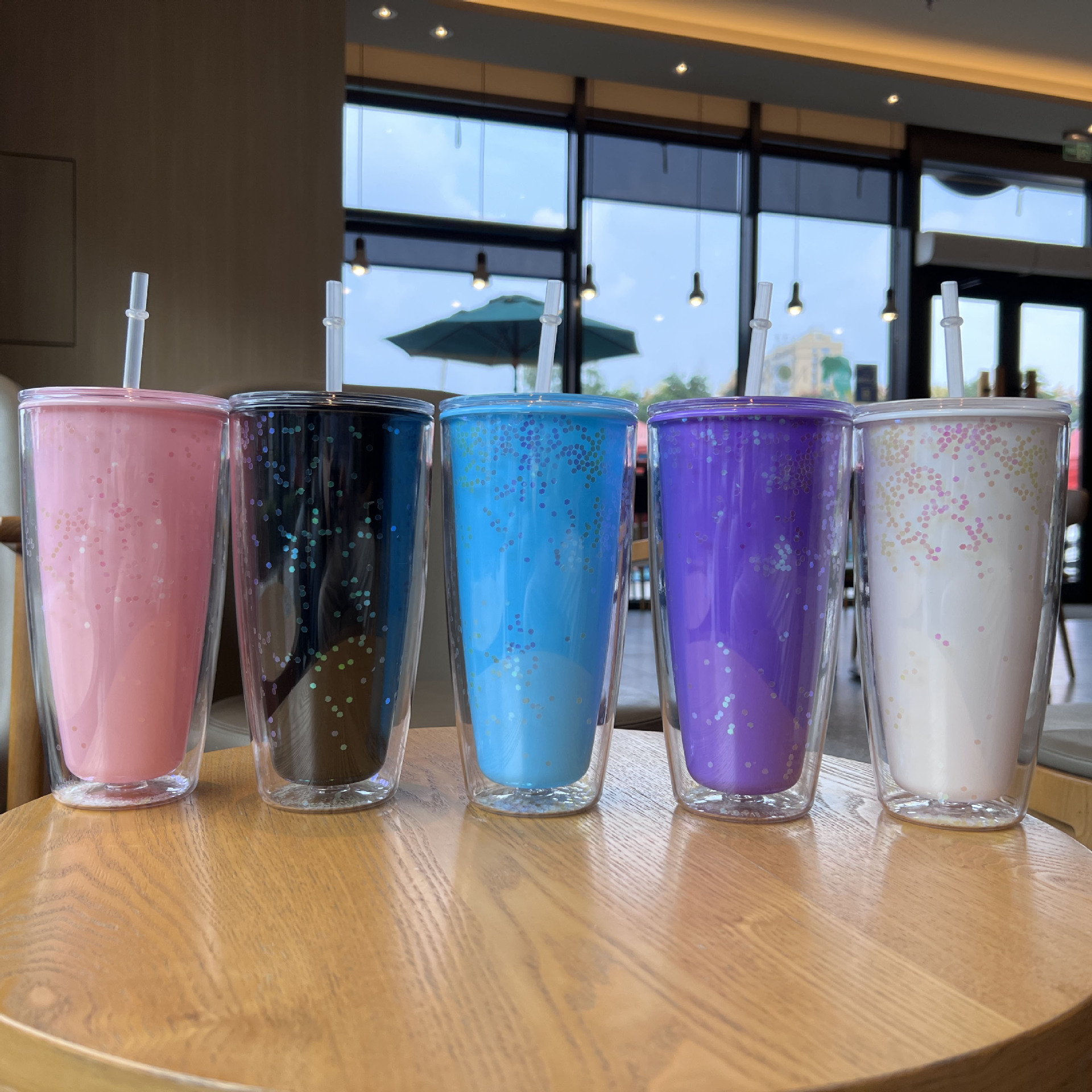 Wholesale of new summer internet-famous couple cups, plastic straw cups, and large-capacity plastic water cups for export with vertical patterns and straight bodies pic 9