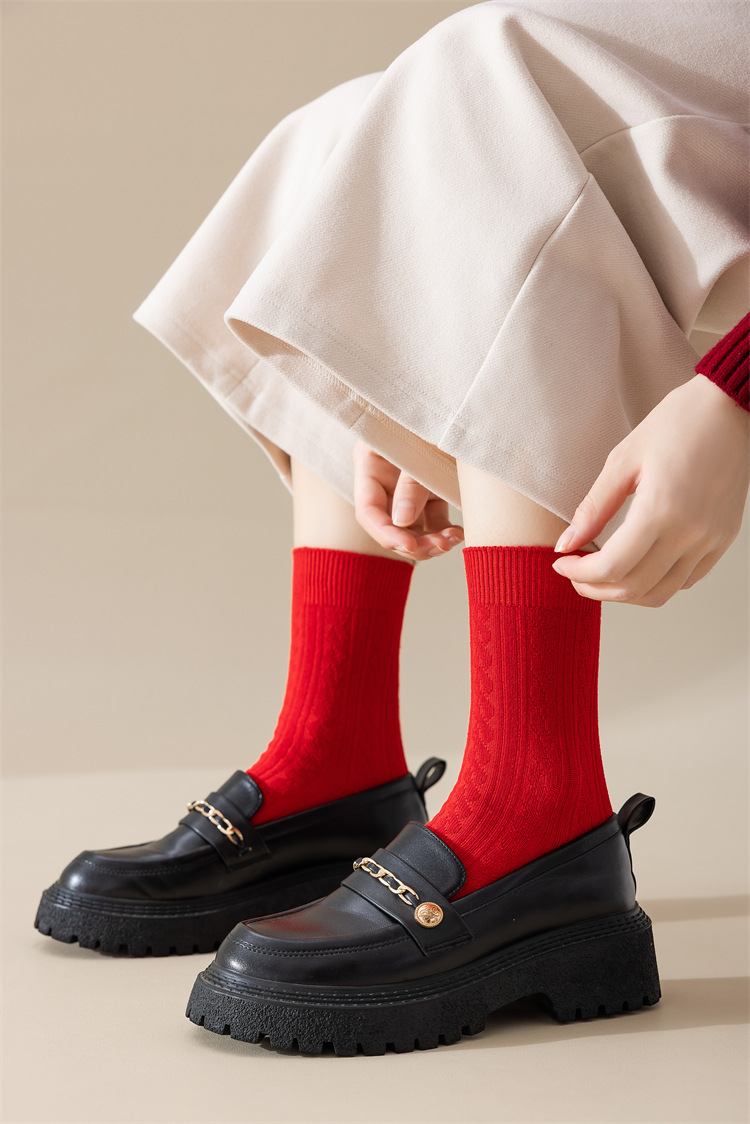 新年大红袜双针麻花中筒袜本命年红色袜子精梳棉喜庆鸿运女袜详情5