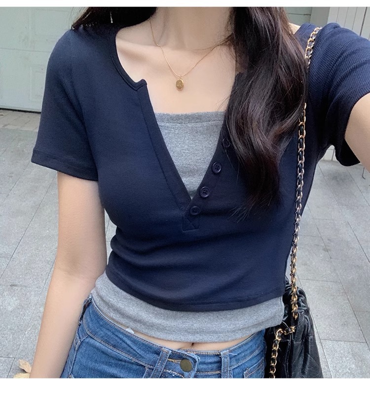 Pink V-neck off-the-shoulder T-shirt for women, short sleeve, new spring and summer style, two-piece design, slim and short, pure and sensual pic 38