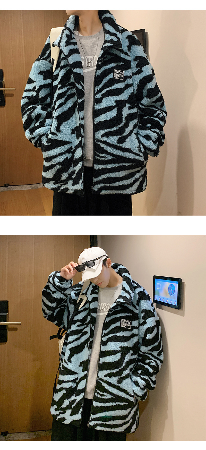 Thick cotton-padded jacket for couples 2021 winter, striped lambskin stand-up collar coat, warm cotton-padded jacket pic 3