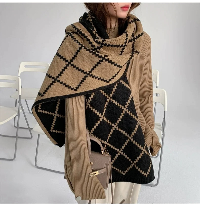 围巾女秋冬款韩版格子双面菱形围巾情侣高档百搭毛线围脖双面保暖详情16