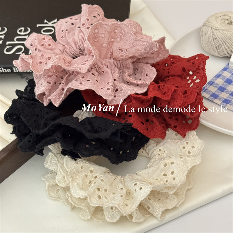 French retro atmosphere lace large intestine hair tie, popular embroidery with hollowed-out patterns and ruffled edges, hair accessory and hair band pic 17