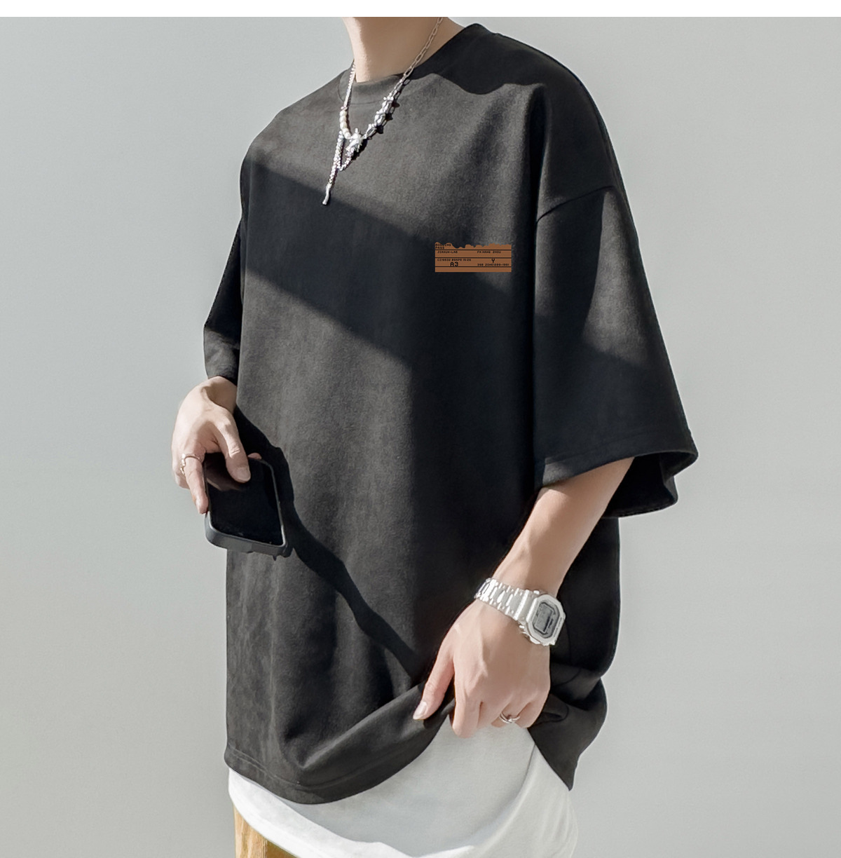 简恒咖色重磅美式复古男士短袖t恤夏季男款百搭仿麂皮绒定制T恤潮详情23