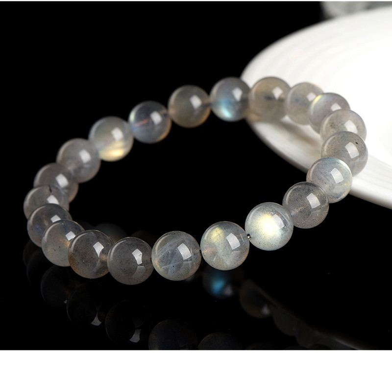 Jiuya Crystal Natural Moonstone Loose Bead Bracelet, Pure Body Color Light Gray Moonlight Elongated Stone Round Bead Bracelet pic 19