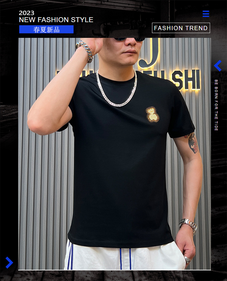 欧洲站 夏季2023新款短袖t恤高级感男士简约圆领休闲半袖体恤男装详情1