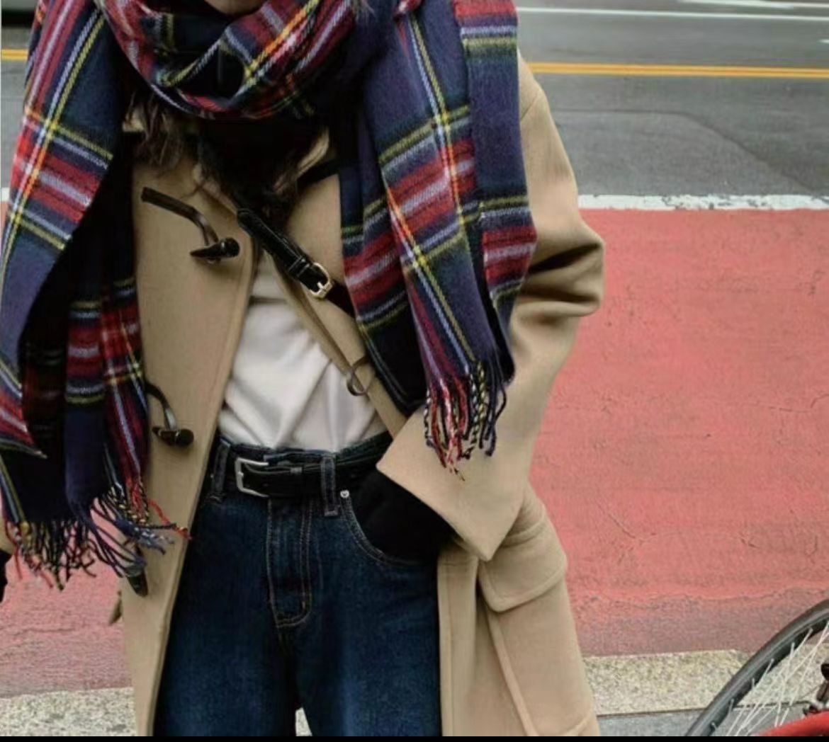 Korean style pink checkered scarf imitating cashmere winter purple scarf 2022 autumn and winter new style widened scarf shawl pic 42