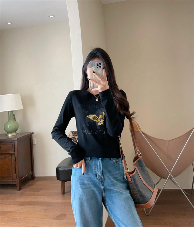 Playful and youthful embroidered printed puppy loose straight top straight-shoulder round-neck long-sleeved T-shirt for women 2025 early Spring G021418 pic 30