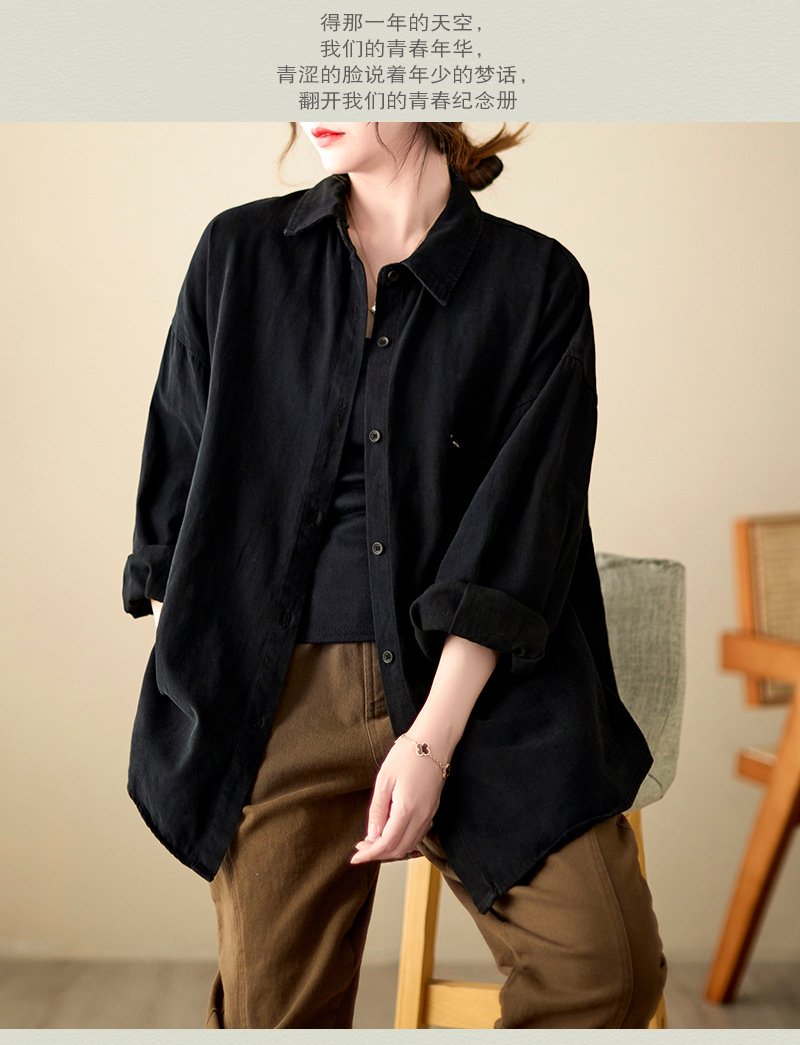 4色入纯色翻领长袖衬衫外套女宽松2024秋季新款文艺大口袋衬衣潮详情10