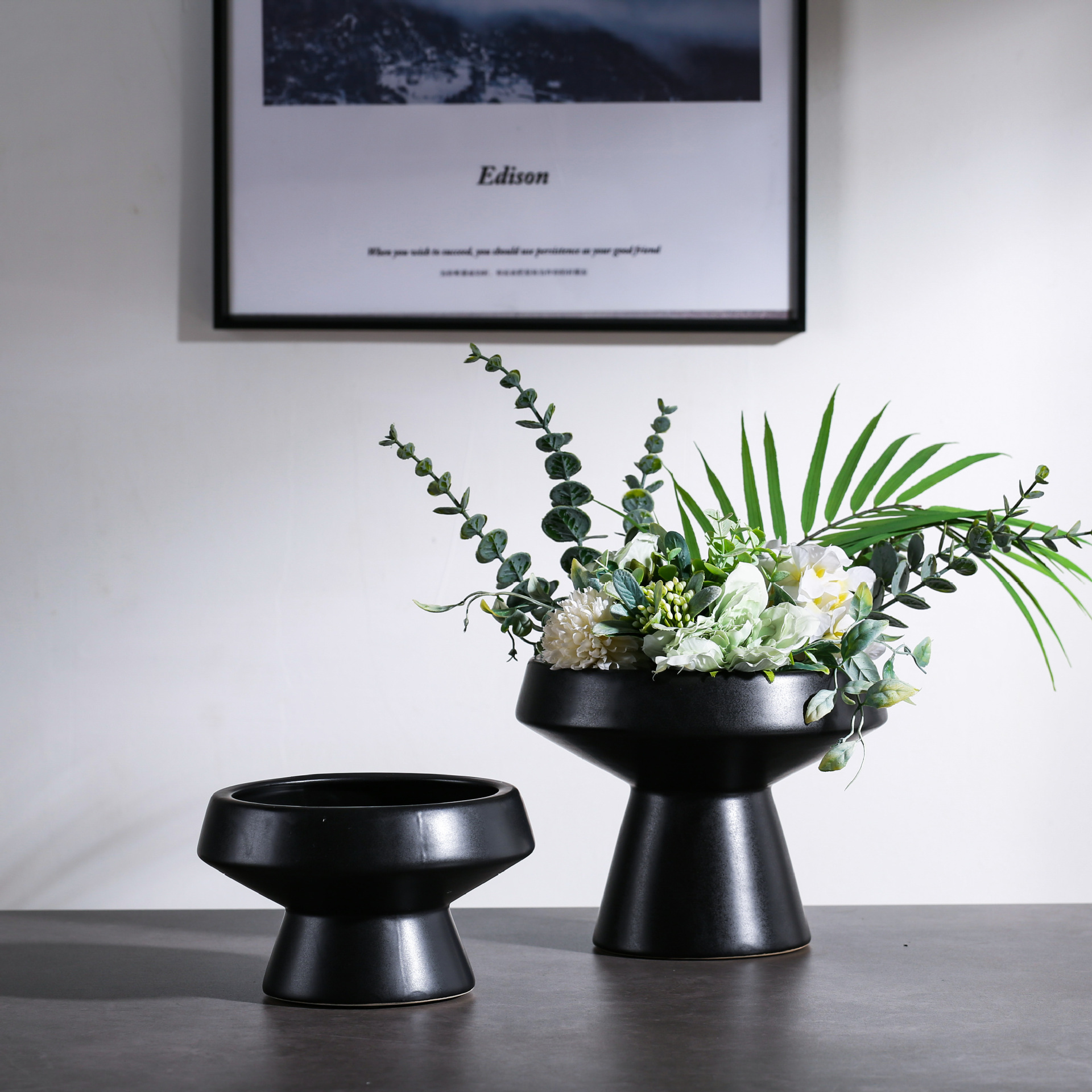 2025 Best-selling modern and simple ceramic flower pot ornaments, model room, living room, dining table, Nordic high-legged fruit plate, flower vase and soft decoration items pic 4