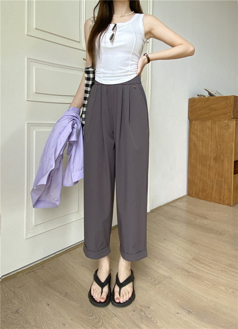 日系休闲裤子女夏薄款高腰显瘦遮肉阔腿直筒哈伦裤女速干裤九分裤详情11