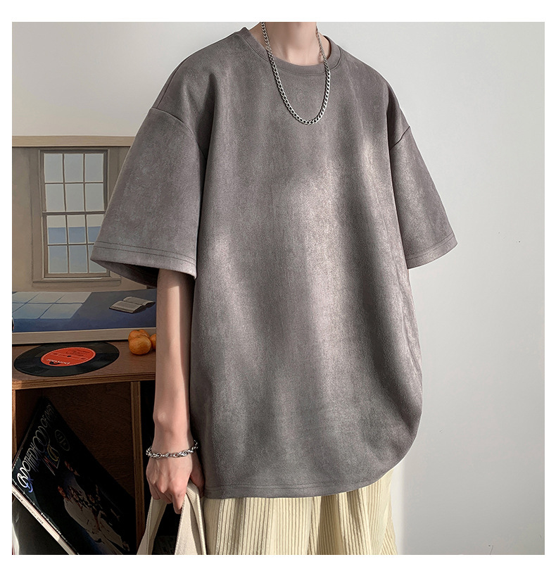 麂皮纯色短袖T恤男2023夏季质感半袖宽松t恤圆领半袖衣服青少年详情18