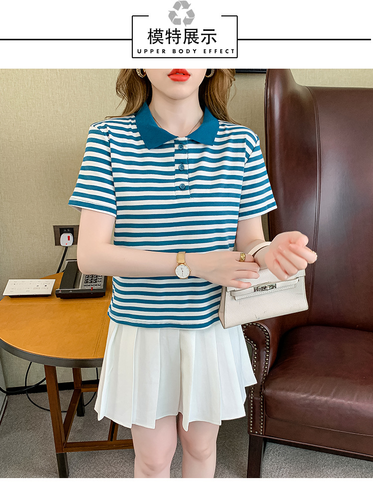 Verano coreano versión rayas mujer commuter patchwork color polo cuello manga corta camiseta mujer diseño sentido moda legging pic 10