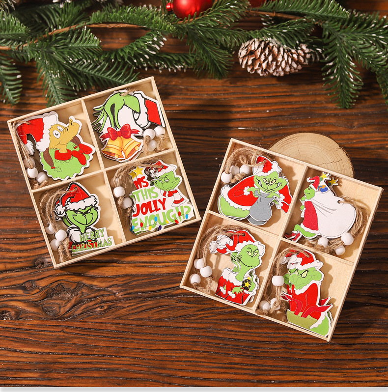 跨境新品圣诞节木质格林奇12pcs挂件 创意小礼品圣诞树吊饰 餐巾纸装饰品 圣诞节氛围布置详情1