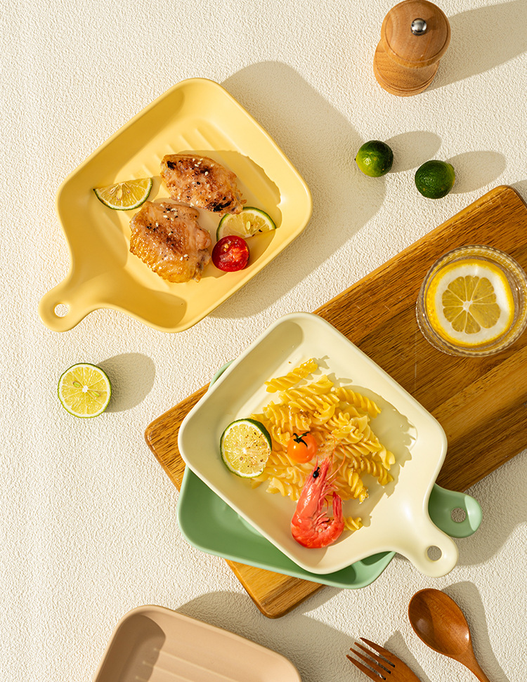 奶油风带手柄陶瓷盘高颜值小清新家用陶瓷餐具烤箱烤盘可爱早餐盘详情10