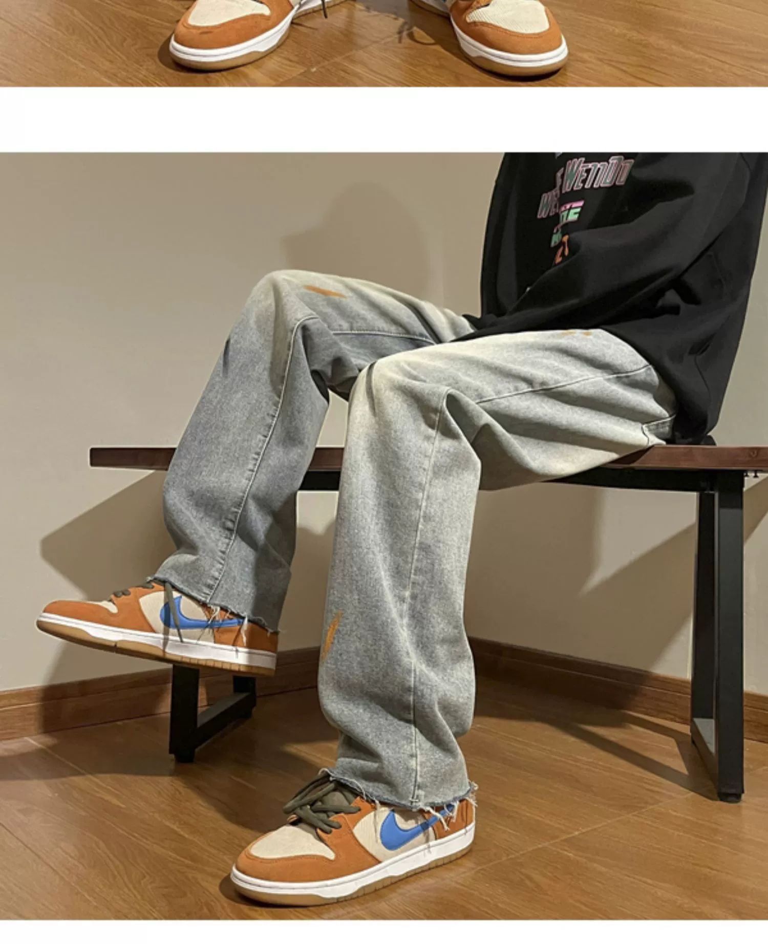 泼墨牛仔裤男款春秋美式复古毛边直筒裤潮流宽松小众百搭休闲长裤详情16