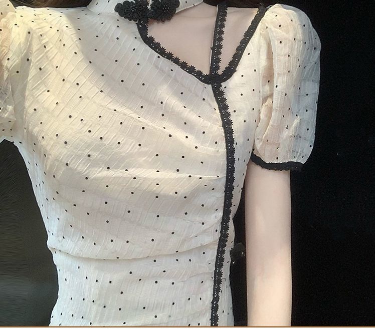 法式波点改良旗袍连衣裙洋气减龄高腰显瘦设计感可盐可甜裙子夏季详情4