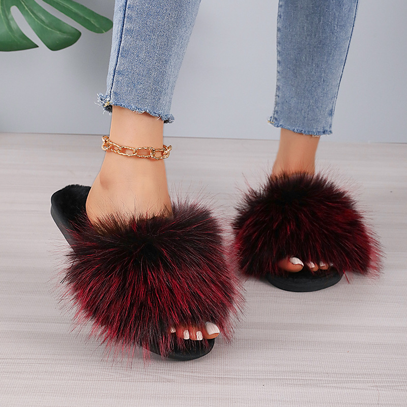 2024新款长毛绒拼色平底毛毛拖鞋女秋冬居家室内地板拖外贸一字拖详情21