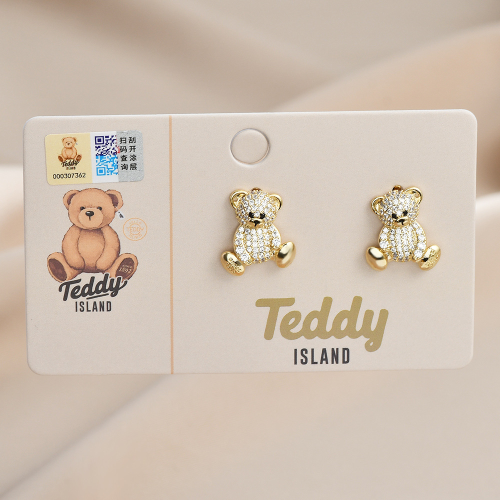 原创设计师系列S925银针气质泰迪熊耳钉女高级感满钻小熊耳饰耳环详情5