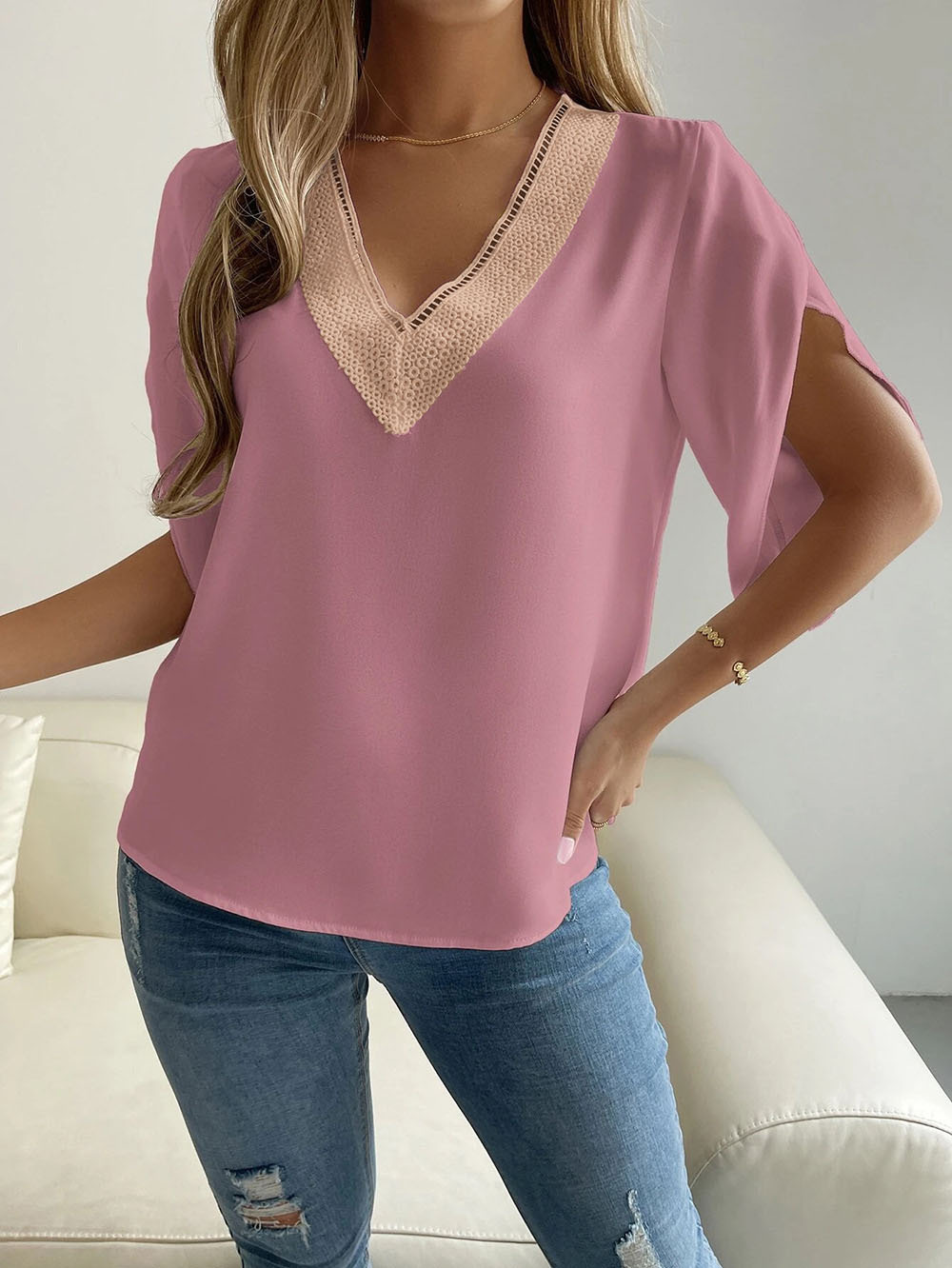 Amazon 2023 Spring/Summer New V-neck lace solid color top, elegant short-sleeved chiffon shirt for women pic 38