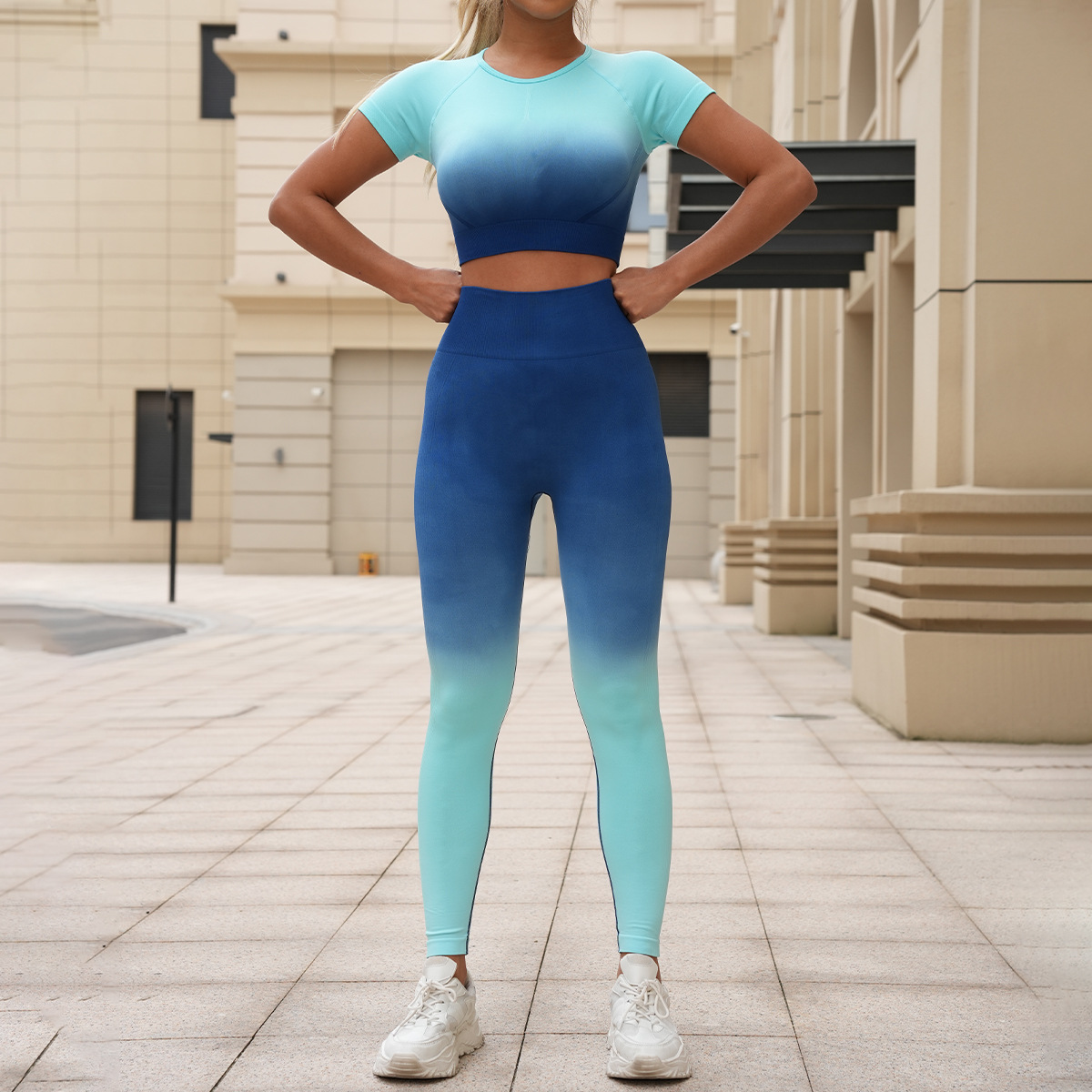 跨境渐变无缝瑜伽服套装女速干运动健身服上衣短袖蜜桃臀瑜伽长裤详情19