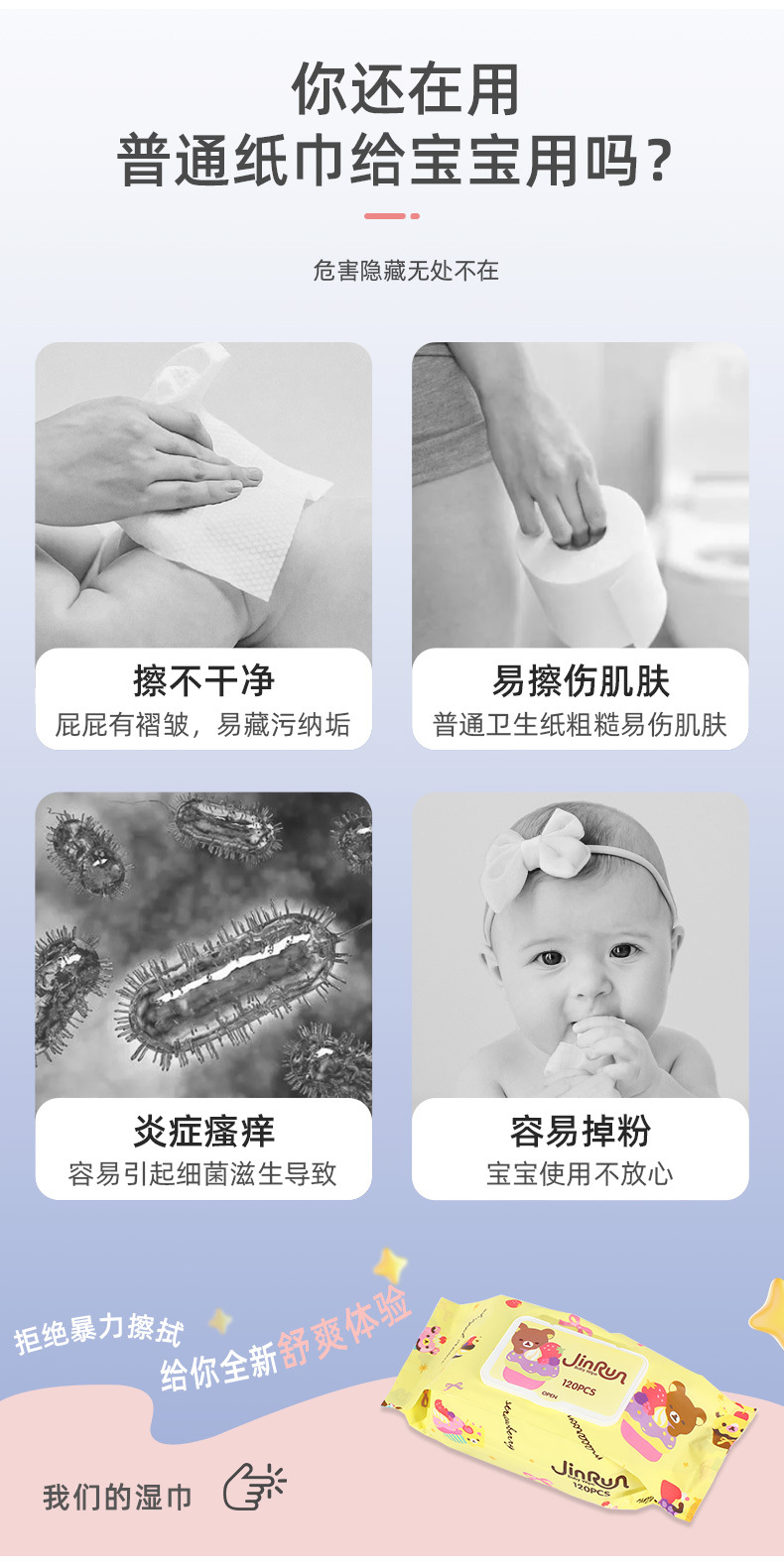 小熊印花翻盖抽取式湿巾 宝宝洗屁屁手口湿巾120片家用便携湿纸巾详情3
