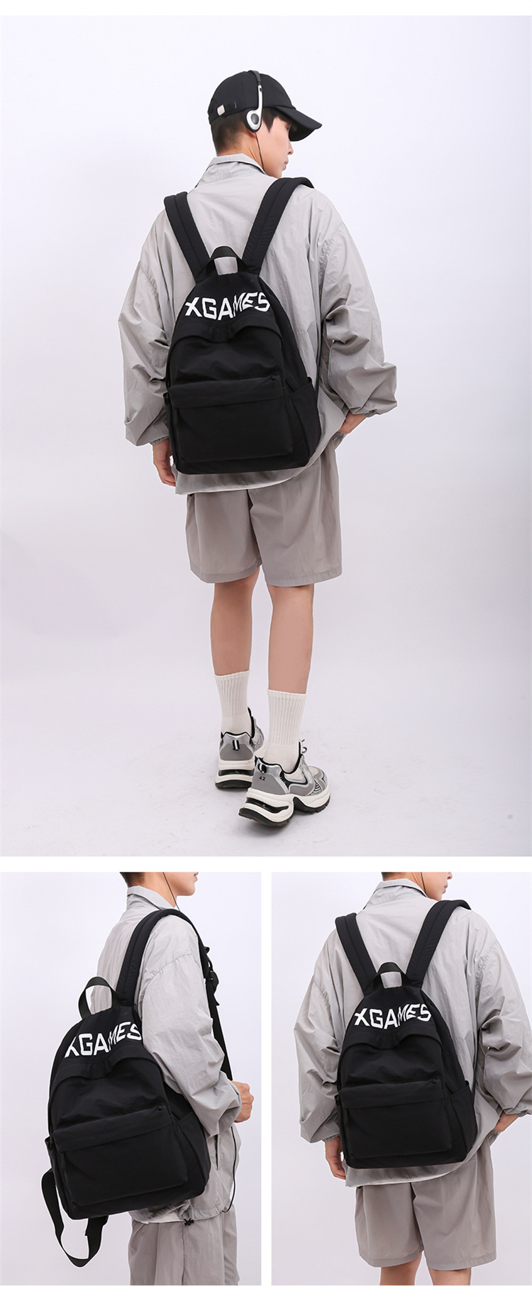 简约时尚潮流双肩包纯色字母休闲背包男女户外旅行大容量学生书包详情12