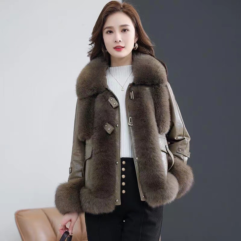 New Haining faux fox fur coat for women, short faux leather jacket, faux sheepskin and faux down jacket pic 3
