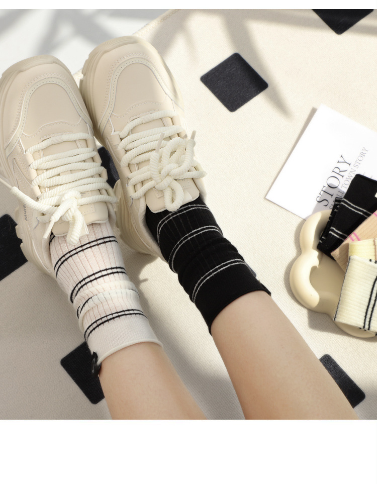 春夏季薄款堆堆中筒袜纯棉无骨布标女士潮运动防臭长袜条纹袜子女详情12