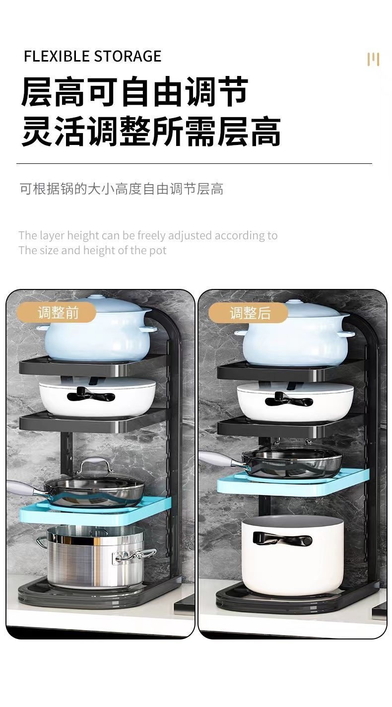 The pot rack is specially designed for storing cookware. It is a stainless steel shelf in the kitchen, with a sink under the rack and multiple layers inside the household cabinet pic 4