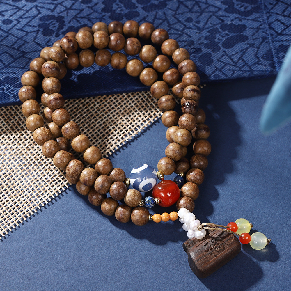 国潮藏式复古沉香木福字锁吊坠手链新中式多圈九尾狐流苏文玩佛珠手串详情8