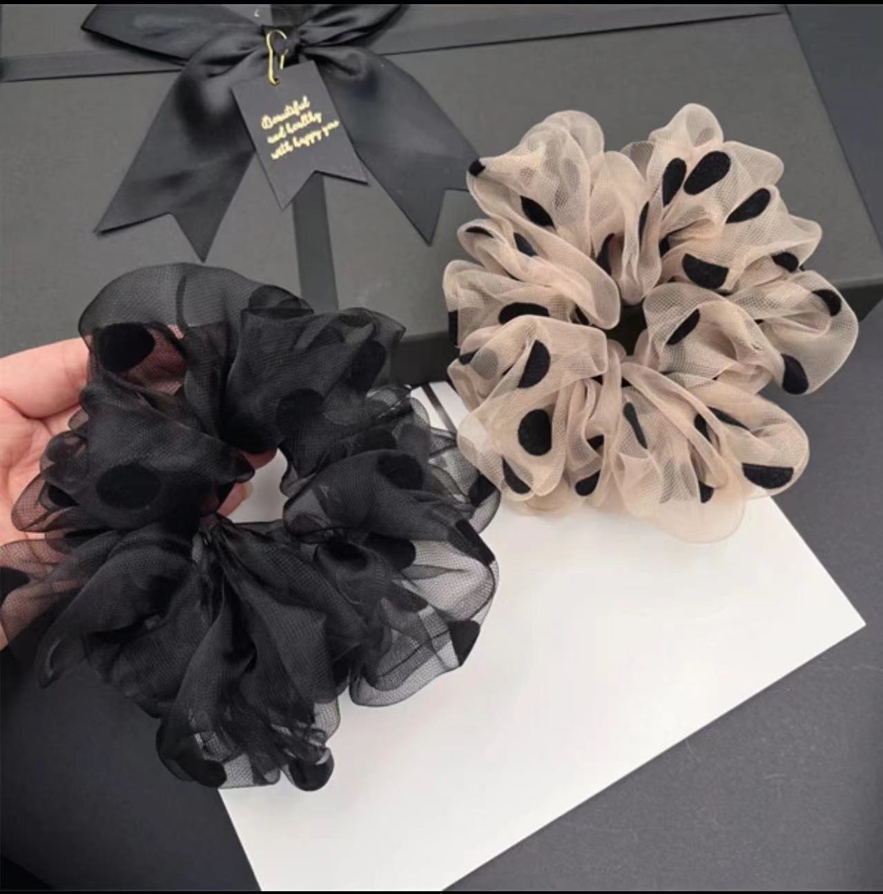 韩国进口欧根纱复古波点大肠发圈气质仙女头扎皮筋大号肠圈头饰女详情13