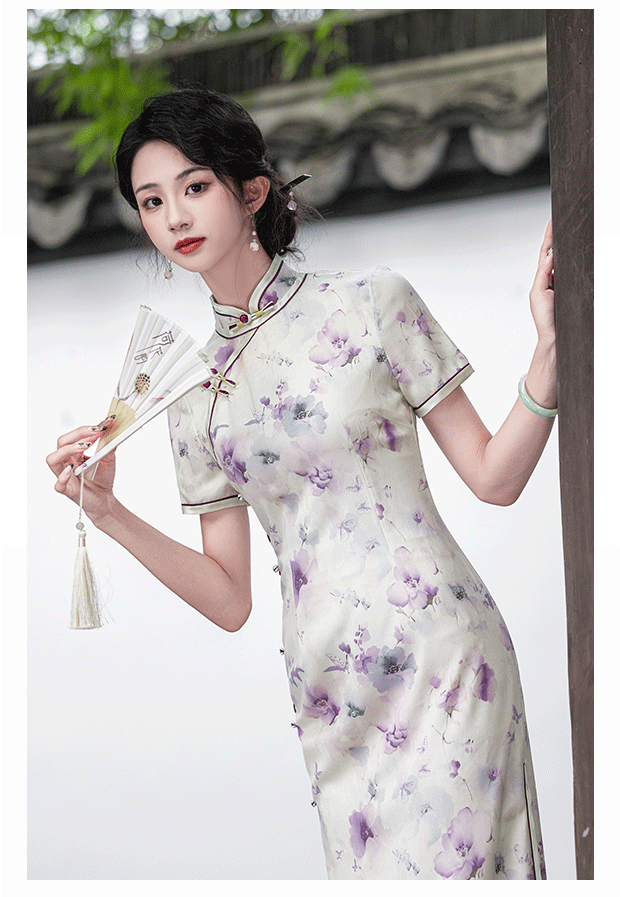 国潮2025新款民国风复古素雅国朝风气质优雅短袖改良年轻款提花旗袍详情7