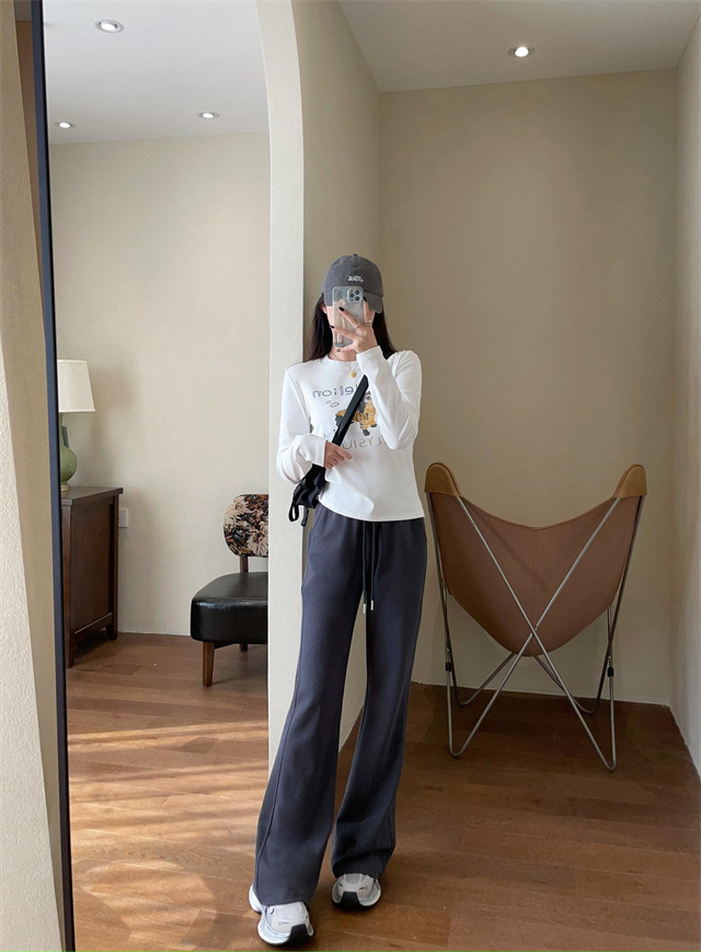 Playful and youthful embroidered printed puppy loose straight top straight-shoulder round-neck long-sleeved T-shirt for women 2025 early Spring G021418 pic 17