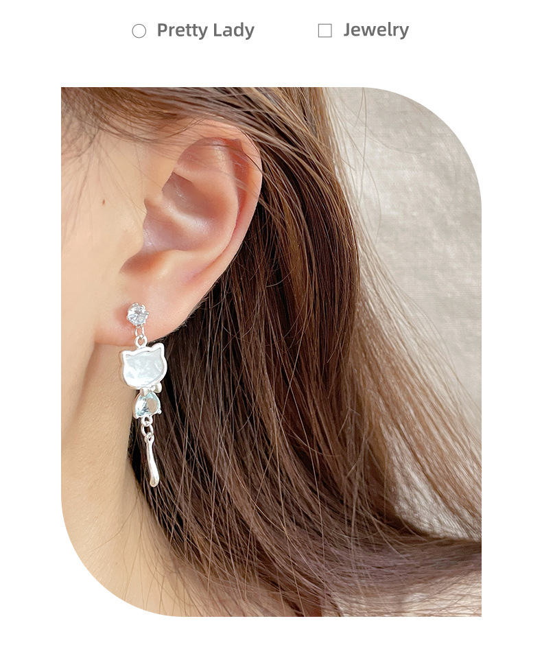 Simple zircon cat earrings, silver needle geometric AB style, cute and exquisite tassel earrings, sweet and niche earrings pic 10