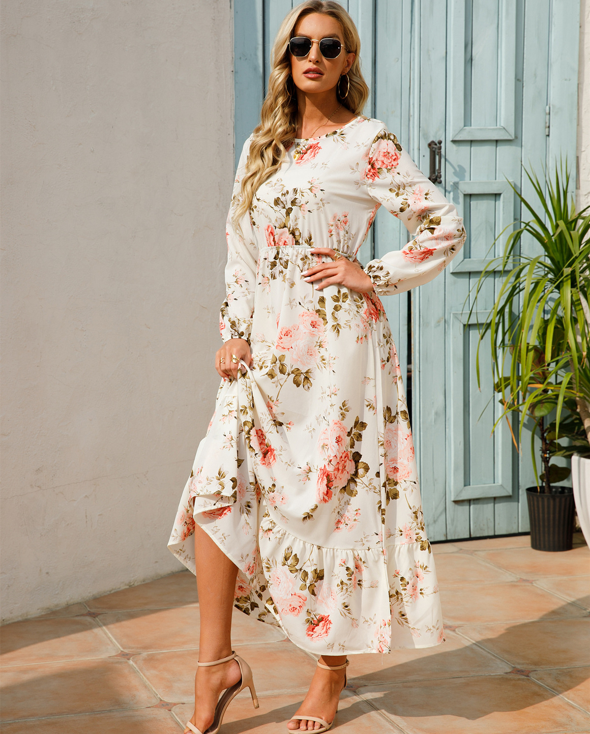 European and American floral long, round-neck, long-sleeved, waist-cinching and slimming dress pic 7
