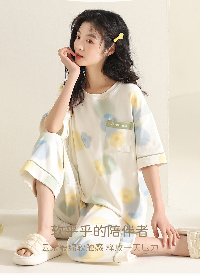 沛妍纯棉睡衣女夏季短袖七分裤中年妈妈宽松加大码全棉家居服套装详情16