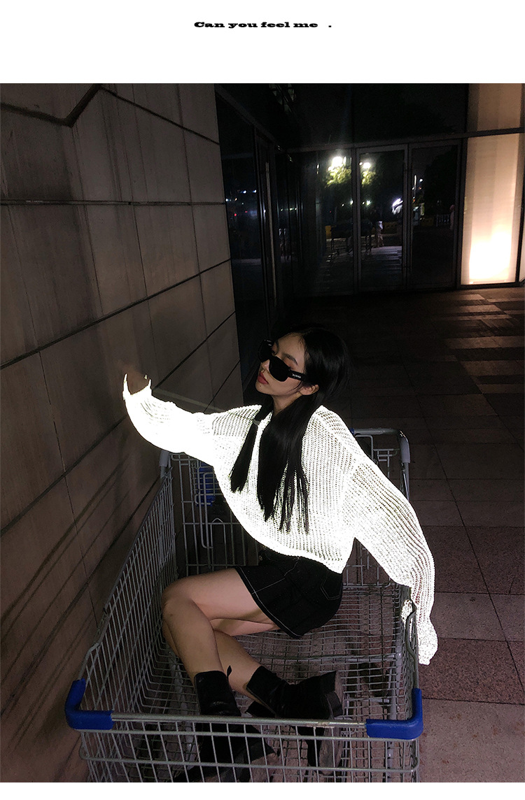 李婉君宽松连帽镂空针织衫女2020夏季薄款星辰反光蹦迪上衣长袖衫详情19