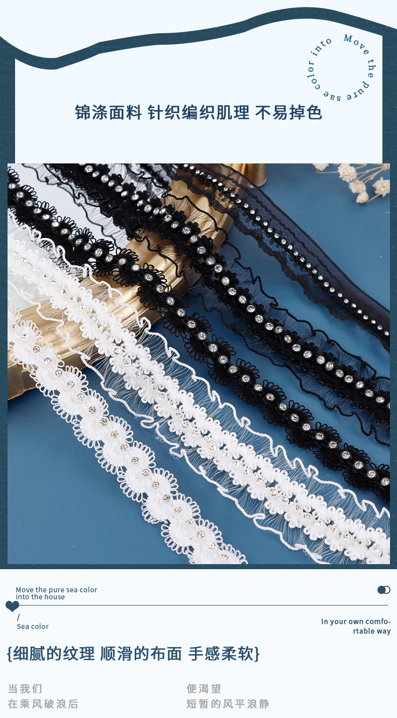 Factory direct sales of water-soluble lace clothing and wedding accessories, polyester knitted lace, white elastic lace pic 2