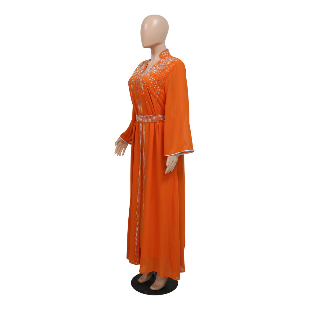 XQY500090 Foreign trade Arab robe, Middle East kaftan fashion Hot diamond belted chiffon dress pic 27