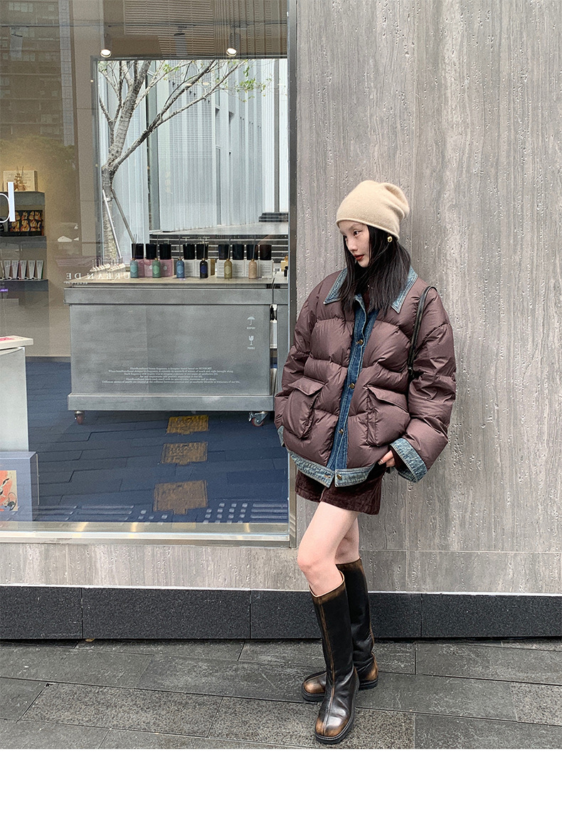 Qumeng DT CLASSIC Retro patchwork fake two-piece denim down jacket for women, 90 white duck down winter coat for women pic 16